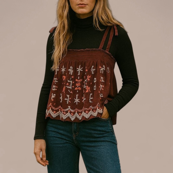 Anthro Aliza Tie Strap Tank Top XS Boho Embroidered Rusty Red Brown Geo Print - Picture 3 of 10